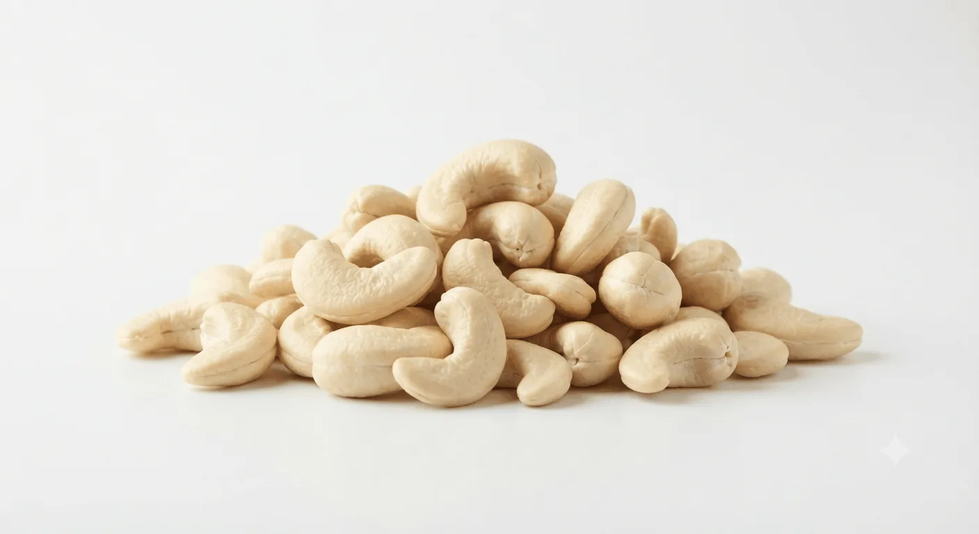 Cashews, pile of whole cashew nuts, nutrition and calories