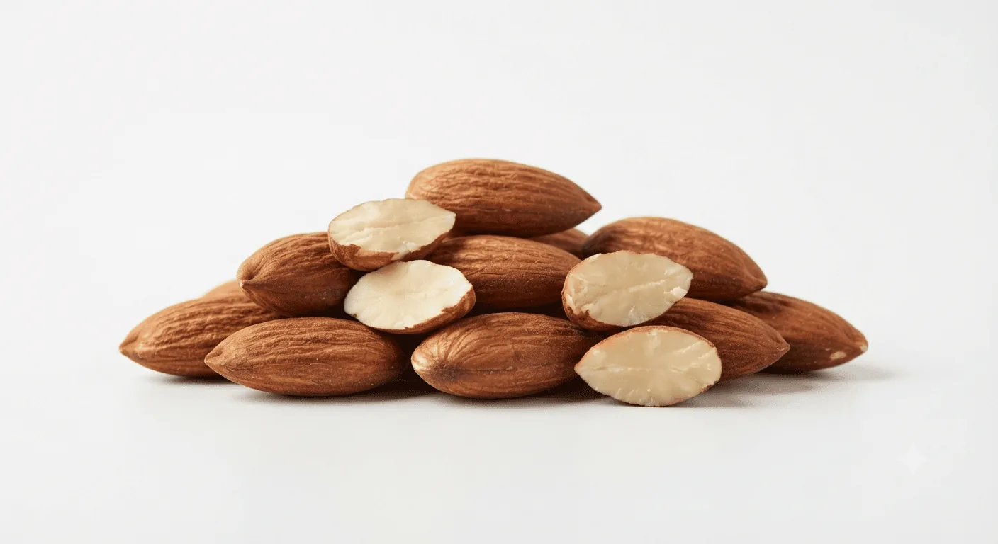 Almonds, pile of whole almonds, nutrition and calories