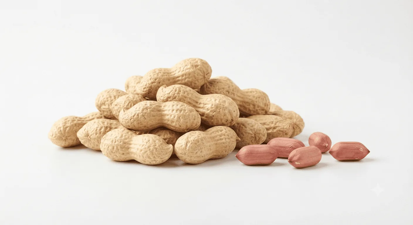 Monkey Nuts (Peanuts), pile of monkey nuts in their shells with a few shelled peanuts, nutrition and calories