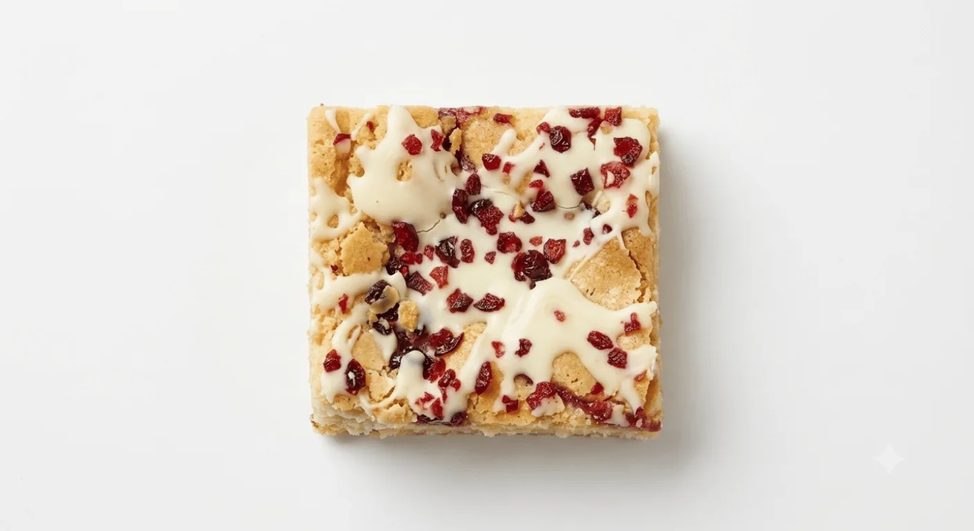 Starbucks White Chocolate and Cherry Blondie, square white chocolate and cherry blondie, seen from above, nutrition and calories