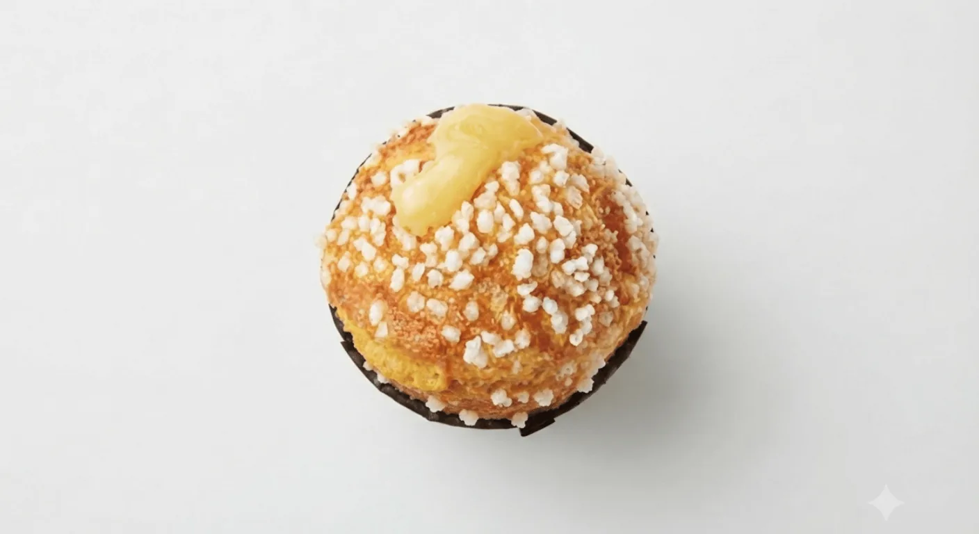 Starbucks Lemon Muffin, lemon muffin with a pearl sugar topping, seen from above, nutrition and calories