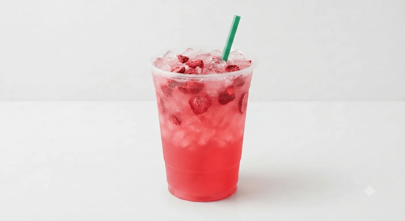 Starbucks Strawberry Acai Starbucks Refreshers, strawberry acai refresher with strawberry pieces over ice in a clear cup with a green straw, nutrition and calories