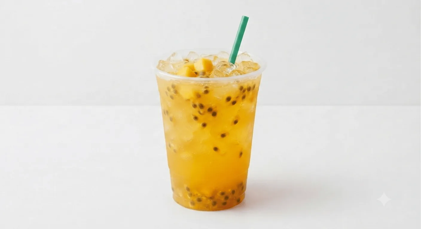 Starbucks Mango Passionfruit Starbucks Refreshers, mango passionfruit refresher with passionfruit seeds over ice in a clear cup with a green straw, nutrition and calories