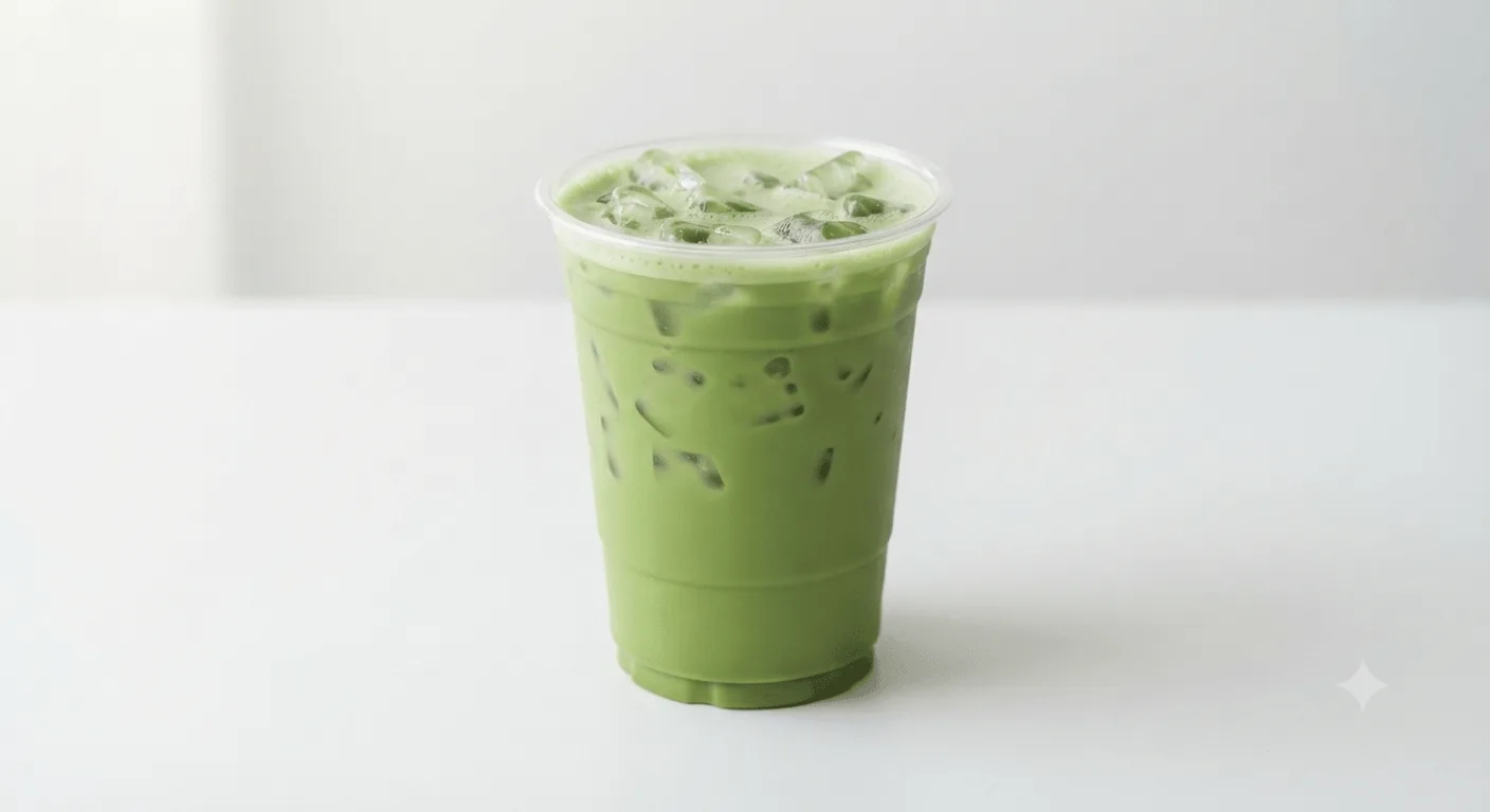 Starbucks Iced Matcha Tea Latte, iced matcha tea latte over ice in a clear glass, nutrition and calories