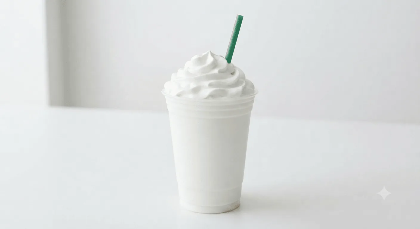 Starbucks Vanilla Bean Crème Frappuccino, blended vanilla bean cream drink topped with whipped cream in a clear cup with a green straw, nutrition and calories