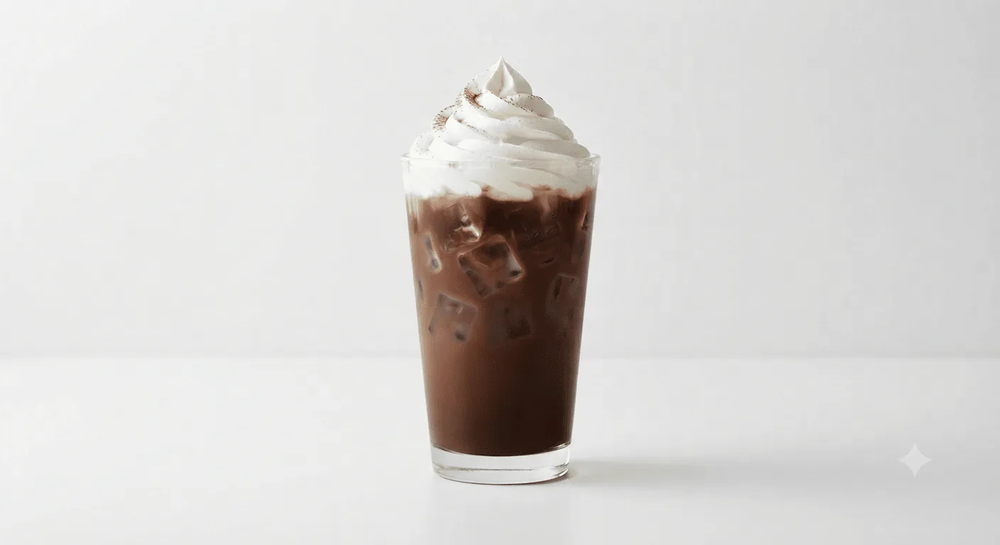 Starbucks Iced Caffè Mocha, iced mocha topped with whipped cream in a clear glass, nutrition and calories