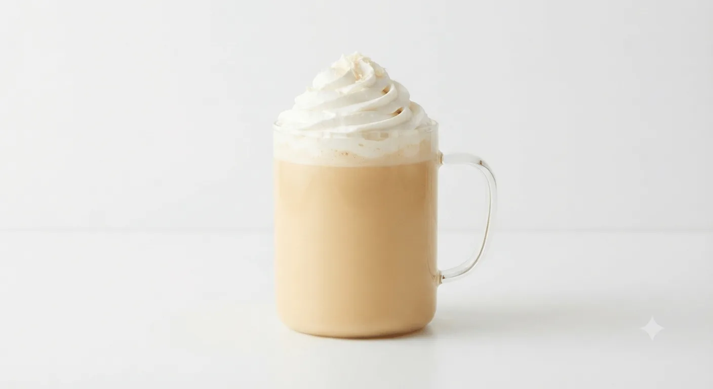 Starbucks White Chocolate Mocha, white chocolate mocha topped with whipped cream in a glass mug, nutrition and calories