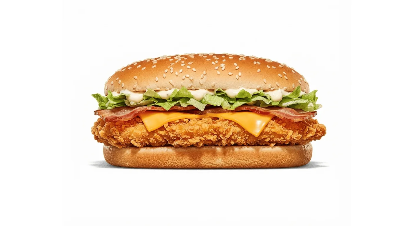 Burger King Chicken Royale Bacon & Cheese, long crispy chicken burger with bacon, cheese and lettuce in a sesame bun, nutrition and calories