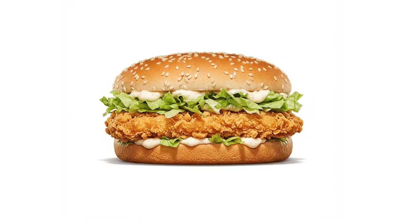 Burger King Chicken Royale, long crispy chicken burger with lettuce and mayo in a sesame bun, nutrition and calories