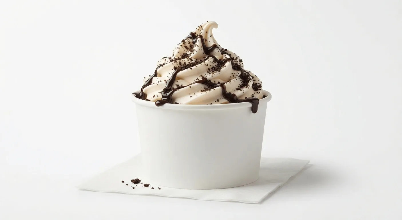 KFC Oreo Sundae, soft serve sundae with Oreo cookie pieces and chocolate sauce in a white cup, nutrition and calories