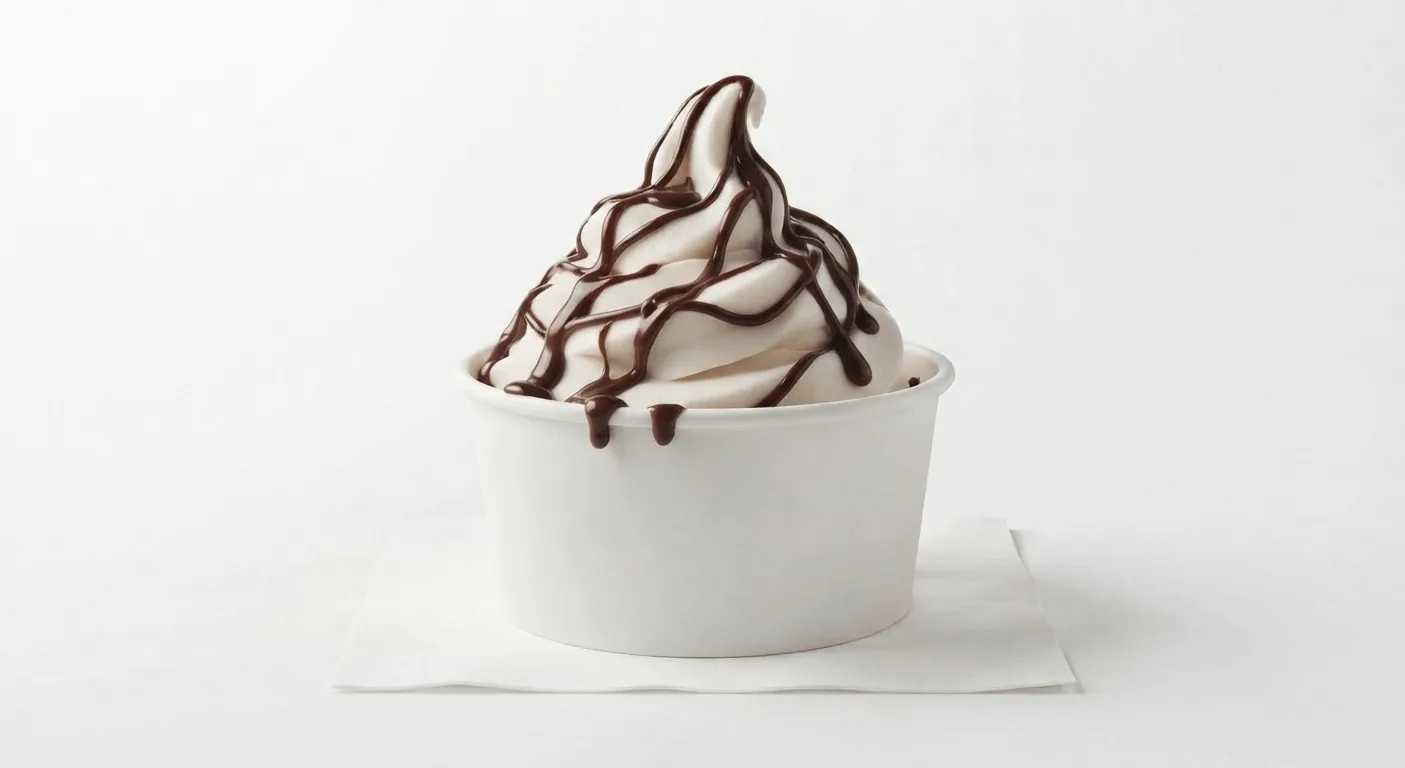 KFC Mini Chocolate Sundae, small soft serve sundae with chocolate sauce in a white cup, nutrition and calories