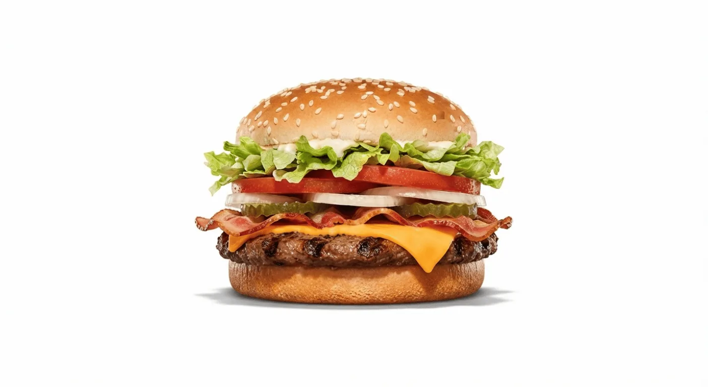 Burger King WHOPPER with Bacon and Cheese, flame-grilled beef burger with bacon, cheese, tomato and lettuce in a sesame bun, nutrition and calories