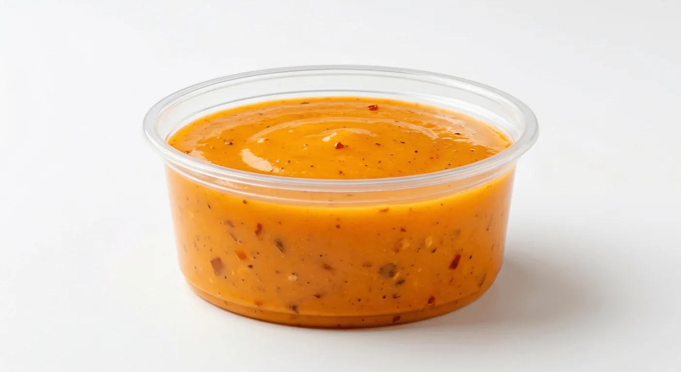 KFC Supercharger Sauce, orange supercharger sauce in a clear pot, nutrition and calories
