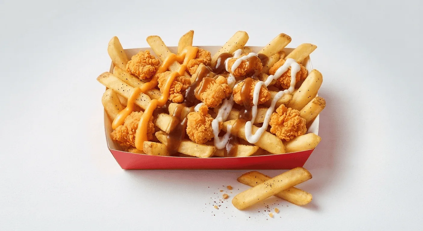 KFC Dirty Loaded Fries, fries loaded with popcorn chicken and creamy sauce in a red tray, nutrition and calories