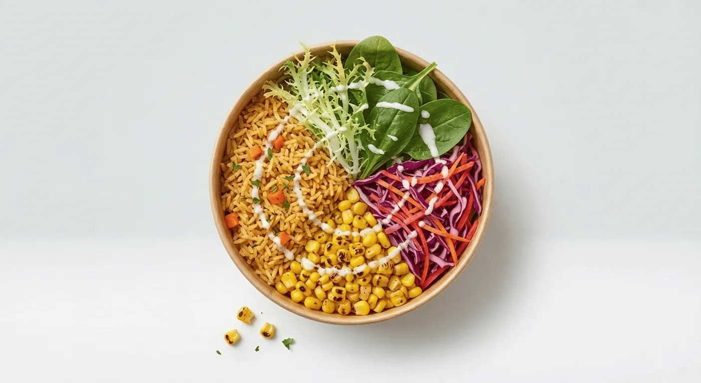 KFC Veggie Ranch Rice Bowl, rice bowl with sweetcorn, red cabbage, salad leaves and ranch dressing, seen from above, nutrition and calories