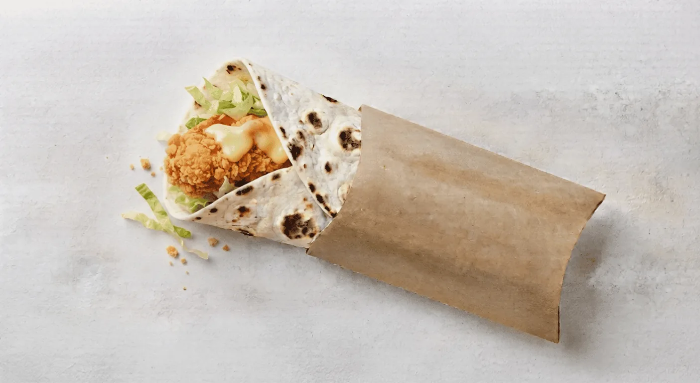 KFC Flamin' Mini Wrap, mini wrap with spicy crispy chicken and lettuce in a paper sleeve, nutrition and calories