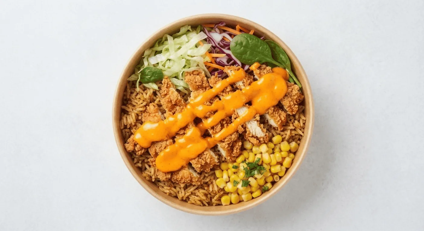 KFC Zinger Ranch Rice Bowl, rice bowl with spicy chicken, orange sauce, sweetcorn and slaw, seen from above, nutrition and calories
