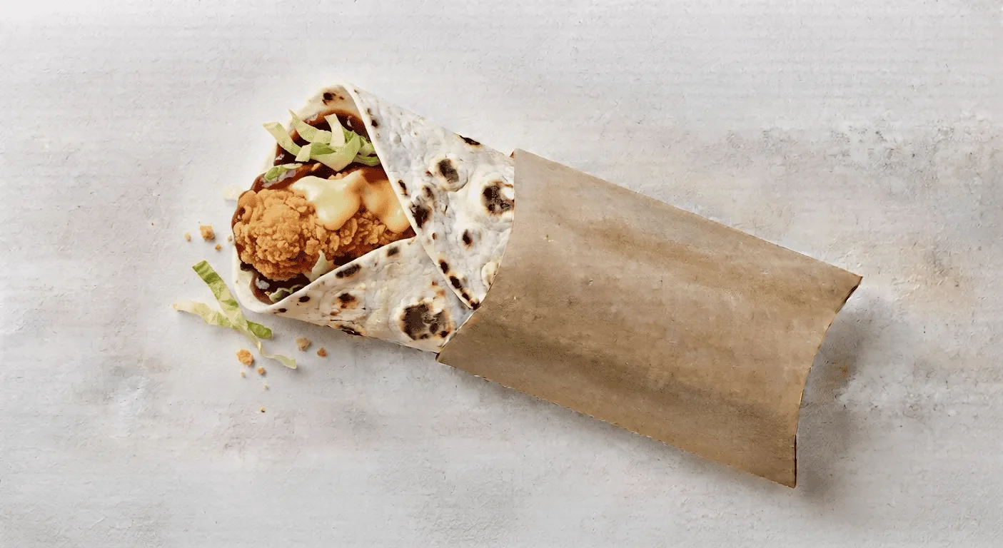 KFC BBQ Mini Wrap, mini wrap with crispy chicken and lettuce in a paper sleeve, nutrition and calories