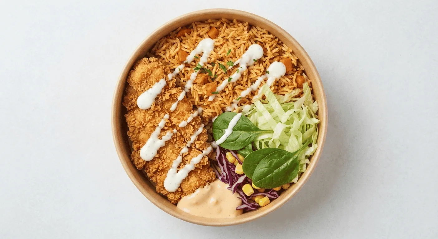 KFC Original Ranch Rice Bowl, rice bowl with crispy chicken, creamy ranch drizzle, salad leaves and sweetcorn, seen from above, nutrition and calories