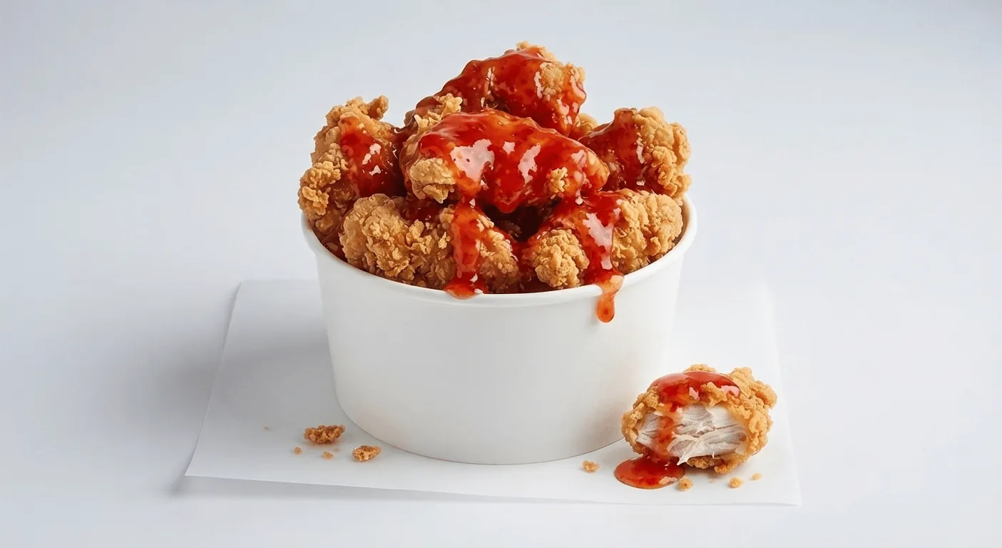 KFC Sweet Chilli Drip'd Bites, crispy chicken bites drizzled with sweet chilli sauce in a white cup, nutrition and calories