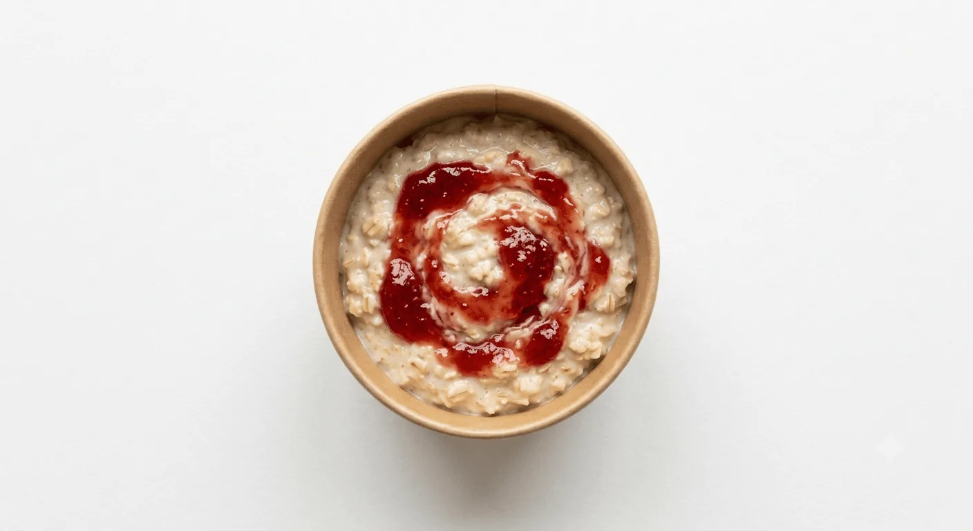 McDonald's Porridge with Strawberry Jam, bowl of porridge with strawberry jam, seen from above, nutrition and calories