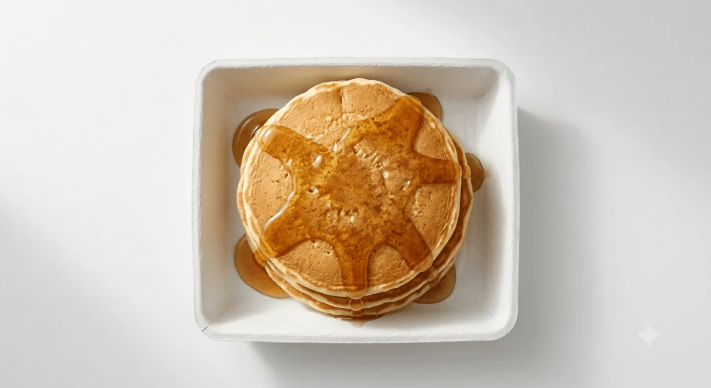 McDonald's Pancakes and Syrup, stack of pancakes with syrup in a white tray, nutrition and calories