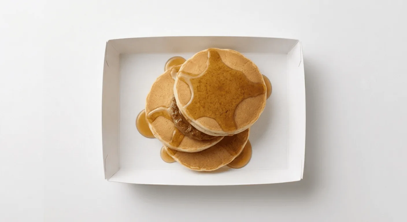 McDonald's Pancakes and Sausage with Syrup, stack of pancakes with syrup and a sausage patty in a white tray, nutrition and calories