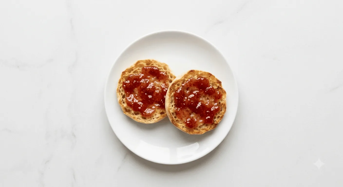 McDonald's Muffin with Jam, toasted muffin halves spread with strawberry jam on a white plate, nutrition and calories