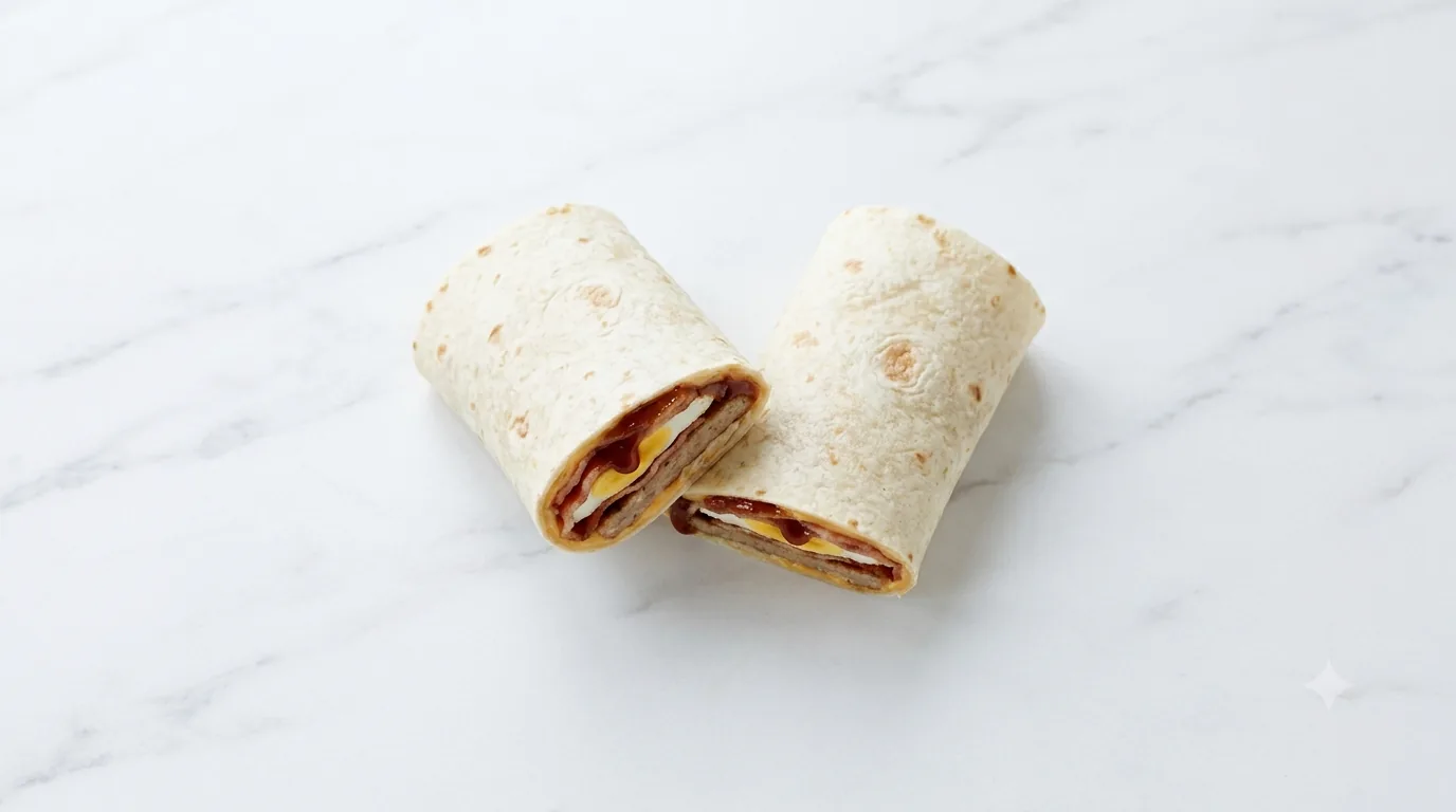 McDonald's Breakfast Wrap with Ketchup, breakfast wrap cut in half filled with sausage, egg, hash brown and ketchup, nutrition and calories
