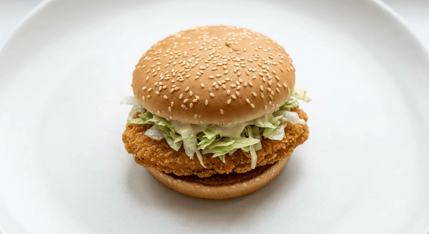 McDonald's McChicken Sandwich, crispy chicken patty with shredded lettuce and mayo in a sesame bun, nutrition and calories
