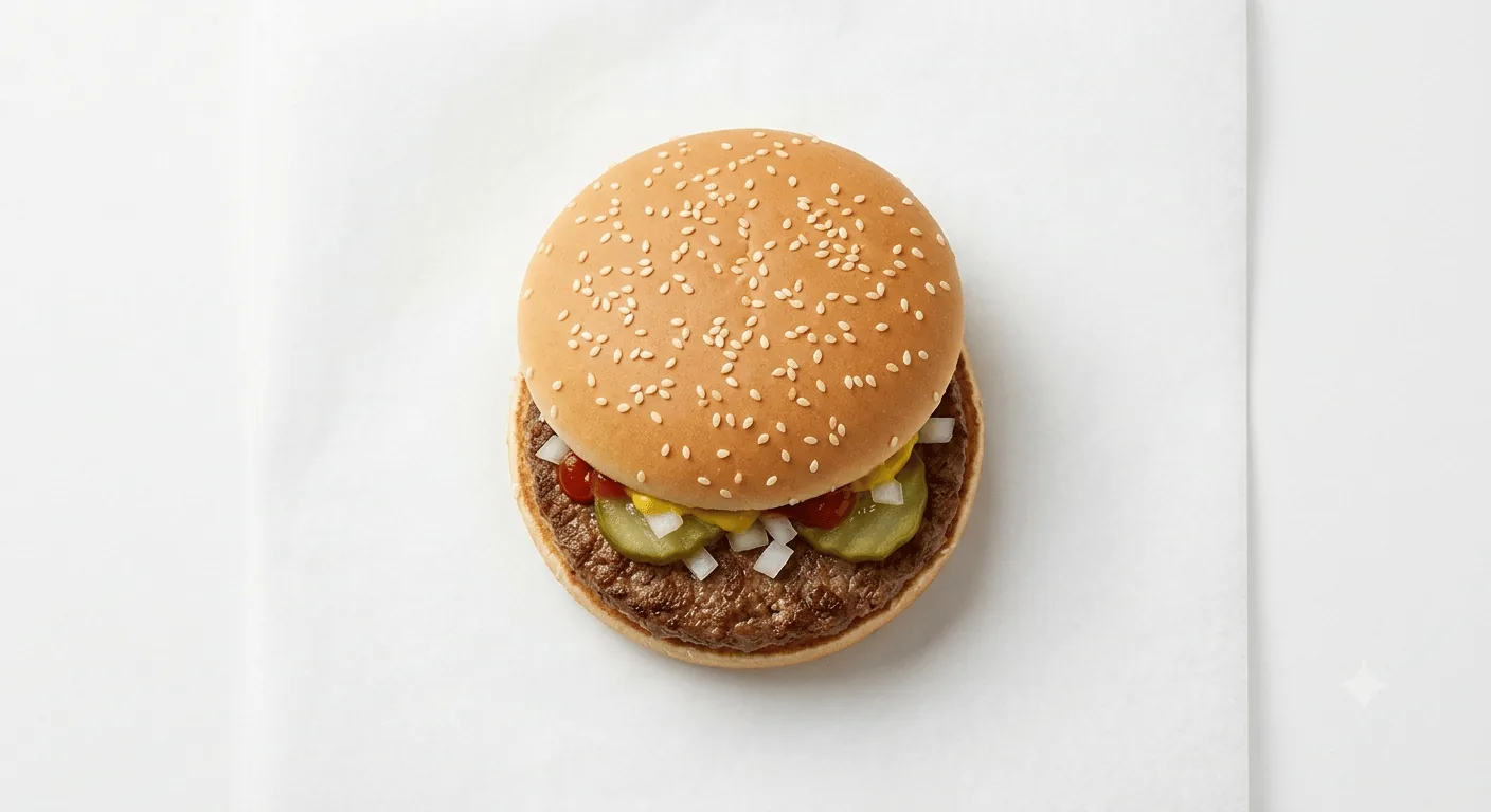 McDonald's Hamburger, beef burger with onion, pickles and ketchup in a plain bun, nutrition and calories