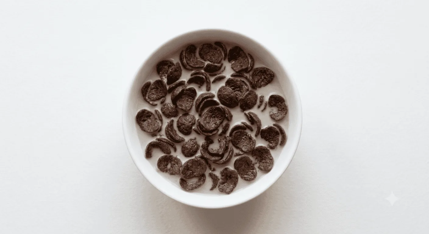 Nestle Chocapic, bowl of chocolate cereal flakes with milk, seen from above, nutrition and calories