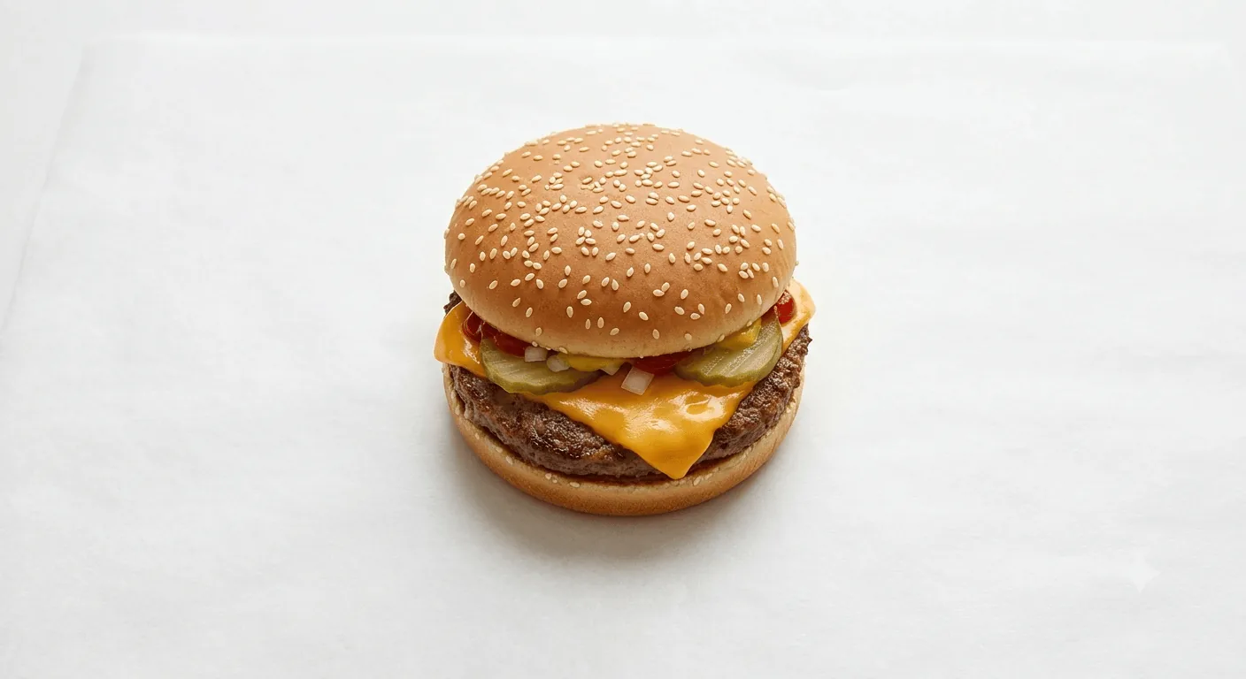McDonald's Cheeseburger, beef burger with cheese, onion and pickles in a sesame bun, nutrition and calories