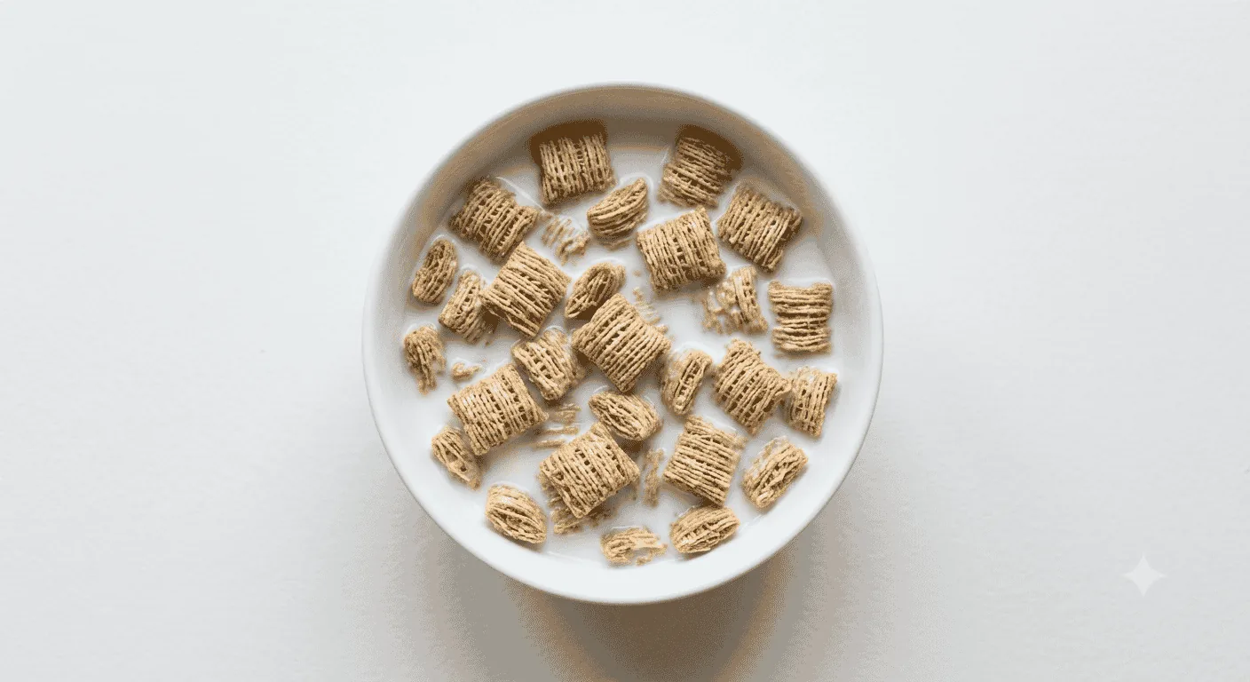 Nestle Shredded Wheat Bitesize, bowl of bitesize shredded wheat squares with milk, seen from above, nutrition and calories