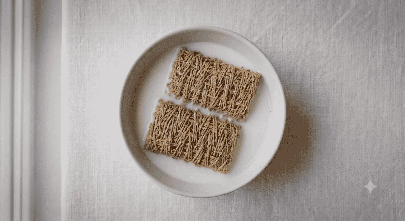Nestle Shredded Wheat, two shredded wheat biscuits in a bowl, seen from above, nutrition and calories