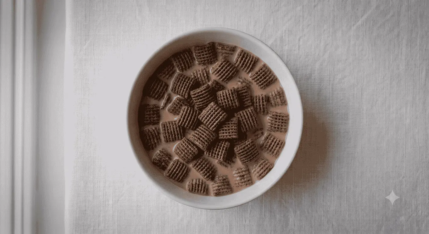 Nestle Chocolate Shreddies, bowl of chocolate-coated wheat squares with milk, seen from above, nutrition and calories