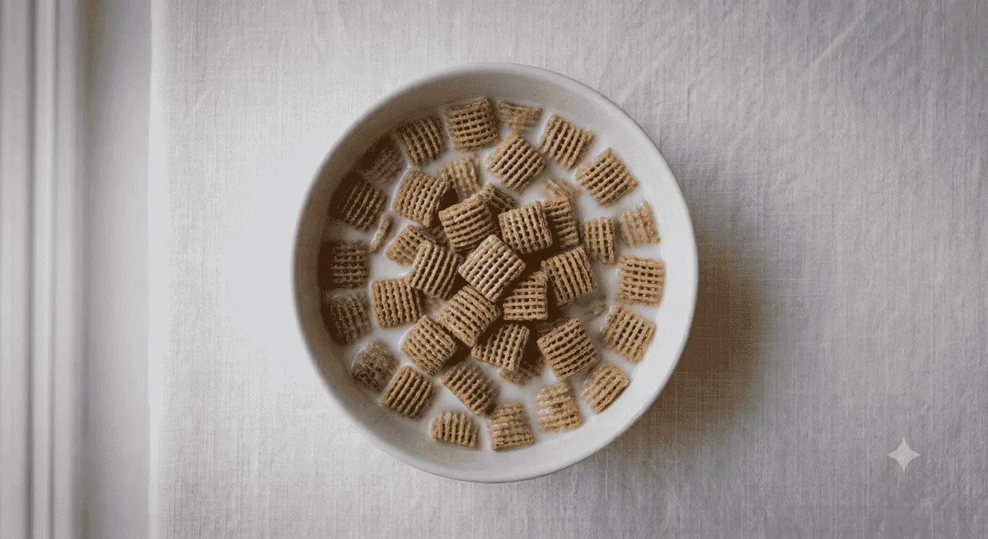 Nestle Shreddies Original, bowl of malted wheat squares with milk, seen from above, nutrition and calories