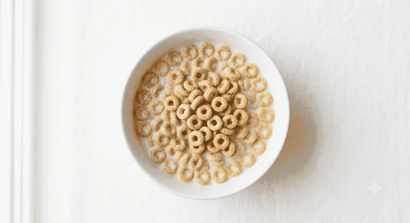 Nestle Cheerios Honey Nut, bowl of honey-coated oat hoops with milk, seen from above, nutrition and calories