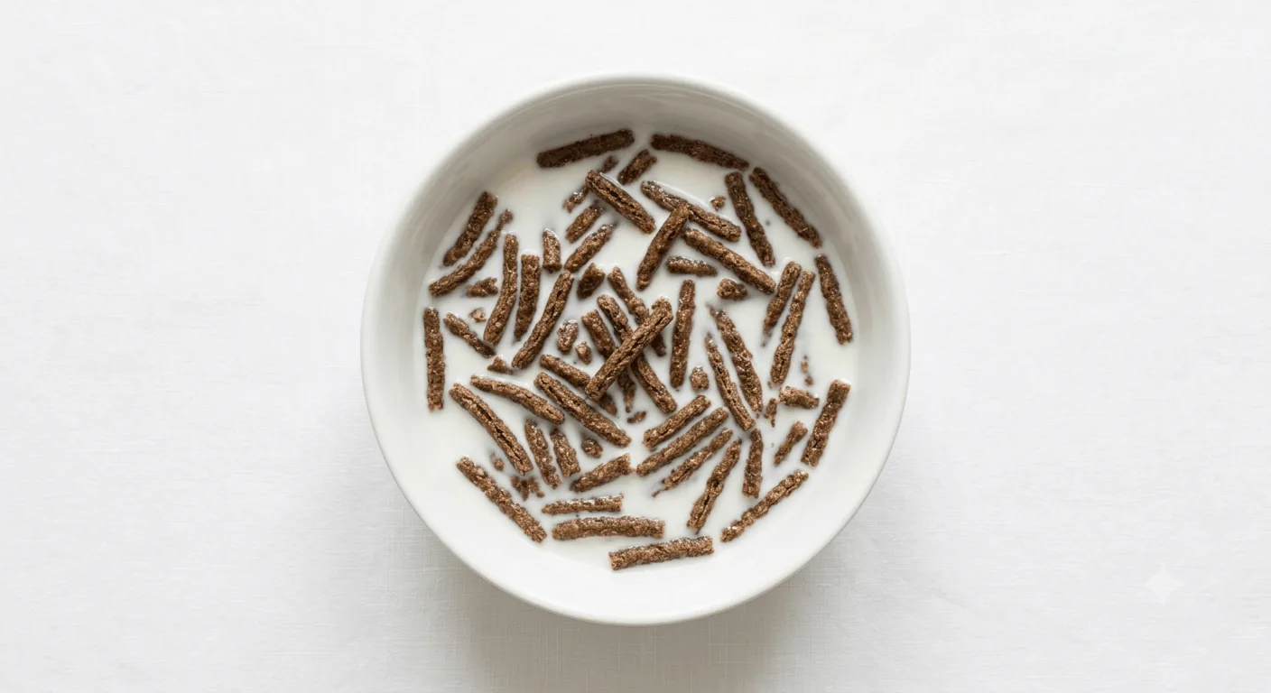 Kellogg's All-Bran Original, bowl of bran sticks with milk, seen from above, nutrition and calories