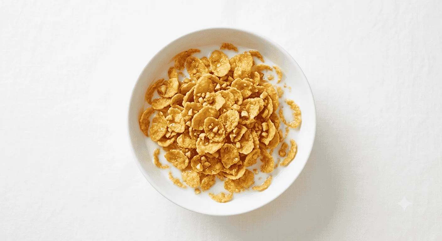 Kellogg's Crunchy Nut, bowl of golden honey and nut coated corn flakes, seen from above, nutrition and calories