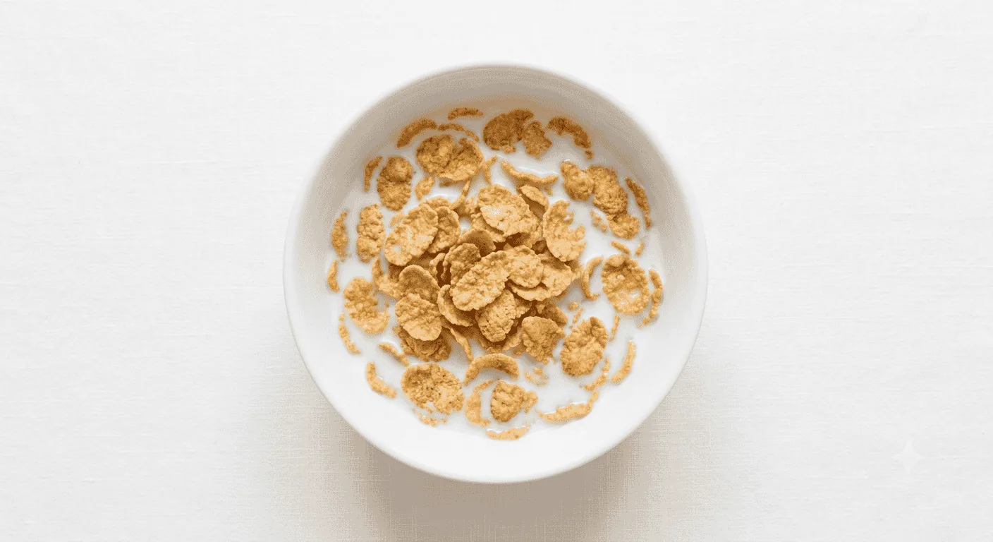 Kellogg's Special K, bowl of rice and wheat flakes with milk, seen from above, nutrition and calories
