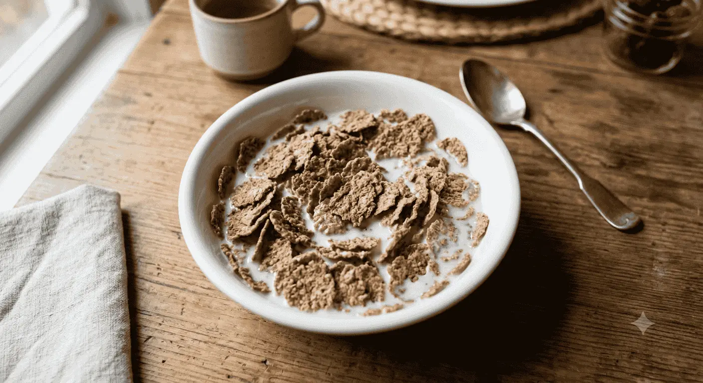 Kellogg's Bran Flakes, bowl of bran flakes with milk on a wooden table, nutrition and calories