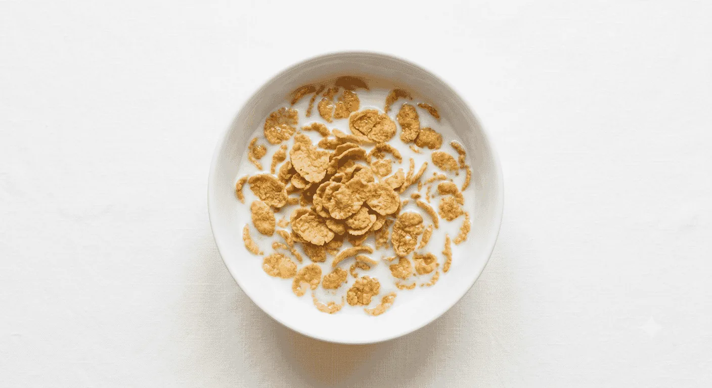 Kellogg's Corn Flakes, bowl of corn flakes with milk, seen from above, nutrition and calories