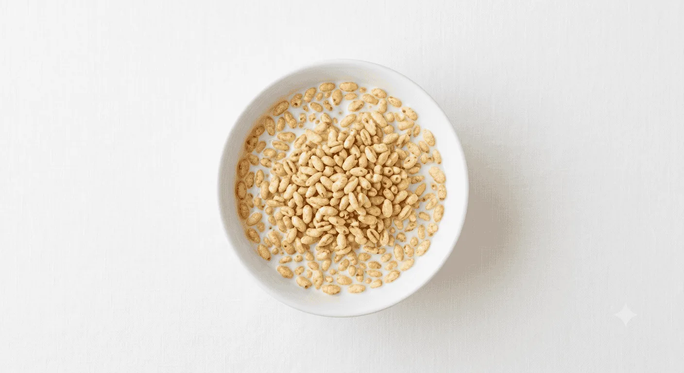 Kellogg's Rice Krispies, bowl of toasted rice cereal with milk, seen from above, nutrition and calories
