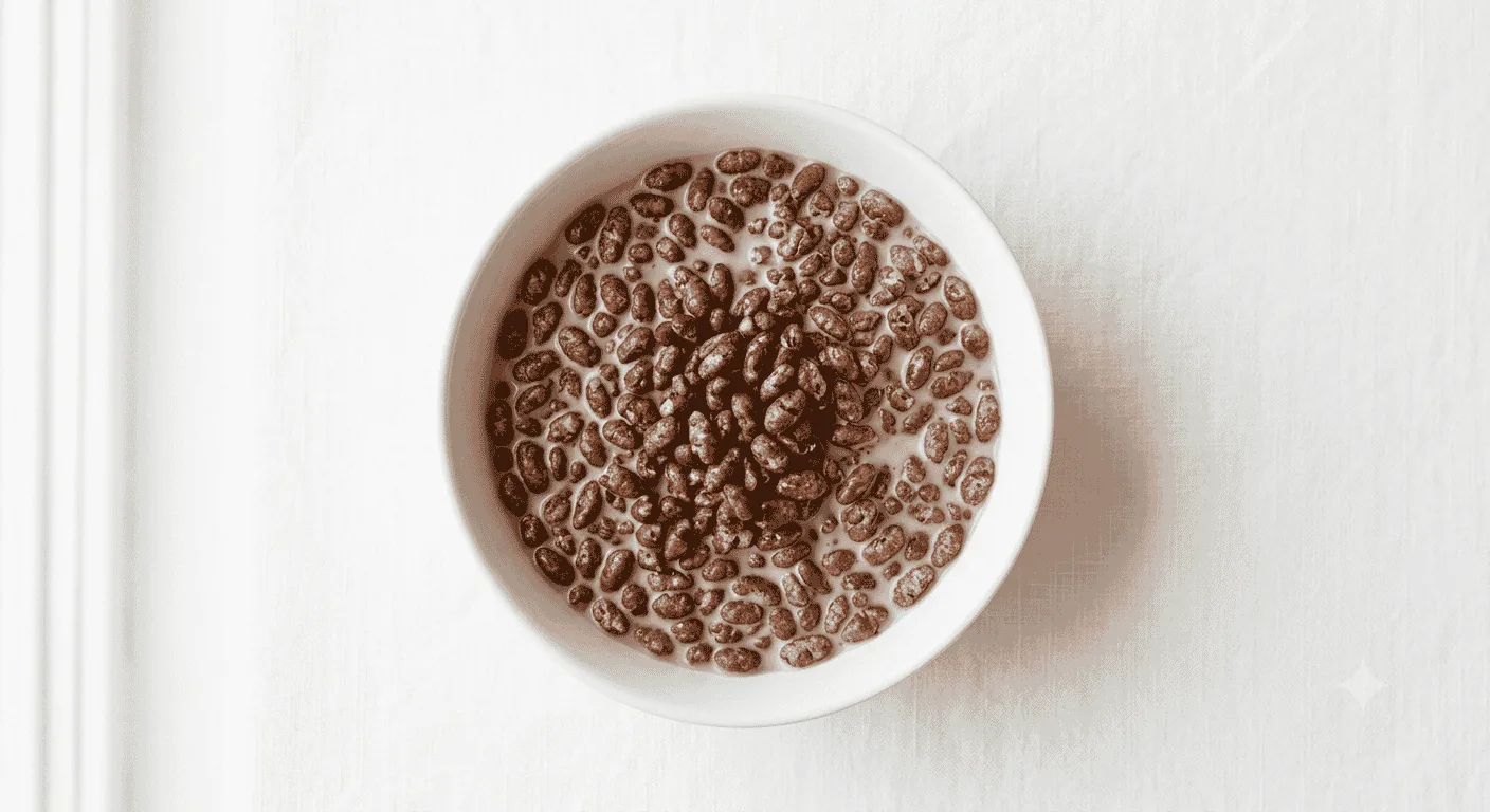Kellogg's Coco Pops, bowl of chocolate rice cereal with milk, seen from above, nutrition and calories