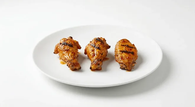Nando's 3 Chicken Wings, three flame-grilled chicken wings with crispy basted skin on a white plate, nutrition and calories