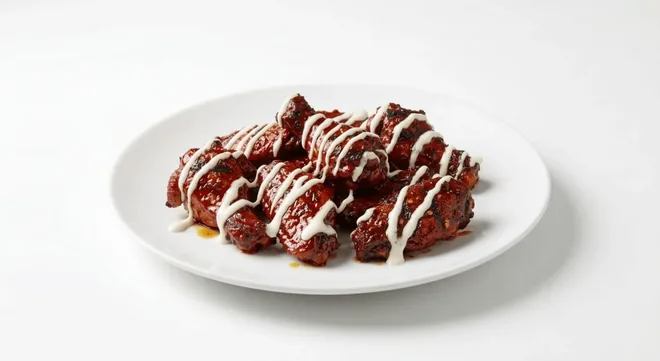 Nando's 10 Extra Saucy Wings, chicken wings in a dark sticky sauce with a creamy yoghurt drizzle on a white plate, nutrition and calories