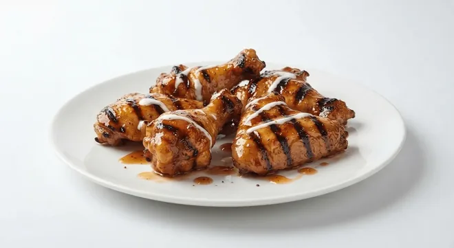 Nando's 5 Extra Saucy Wings, glazed flame-grilled chicken wings with a yoghurt drizzle on a white plate, nutrition and calories