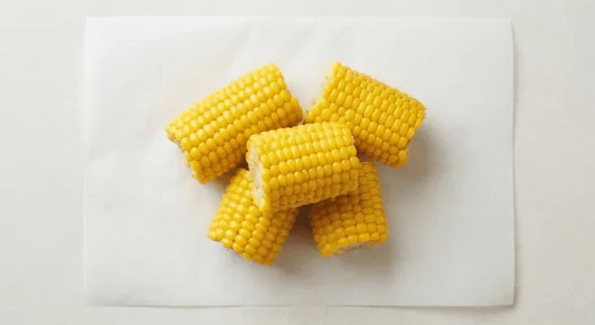 Wingstop Plain Corn on the Cob, plain buttered corn on the cob pieces on white paper, nutrition and calories