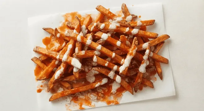 Wingstop Large Buffalo Ranch Fries, fries drizzled with buffalo sauce and ranch on white paper, nutrition and calories